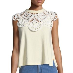 See by Chloe Eyelet-Neck Sleeveless Cotton Tee